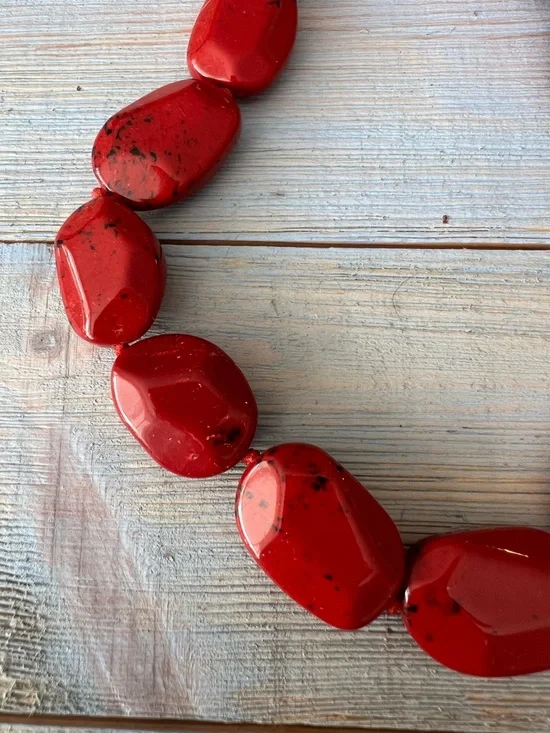 3pc Spring Necklace Set Red Choker, Green Seed Bead, Long Gold Multicolor Layers - Picture 3 of 13